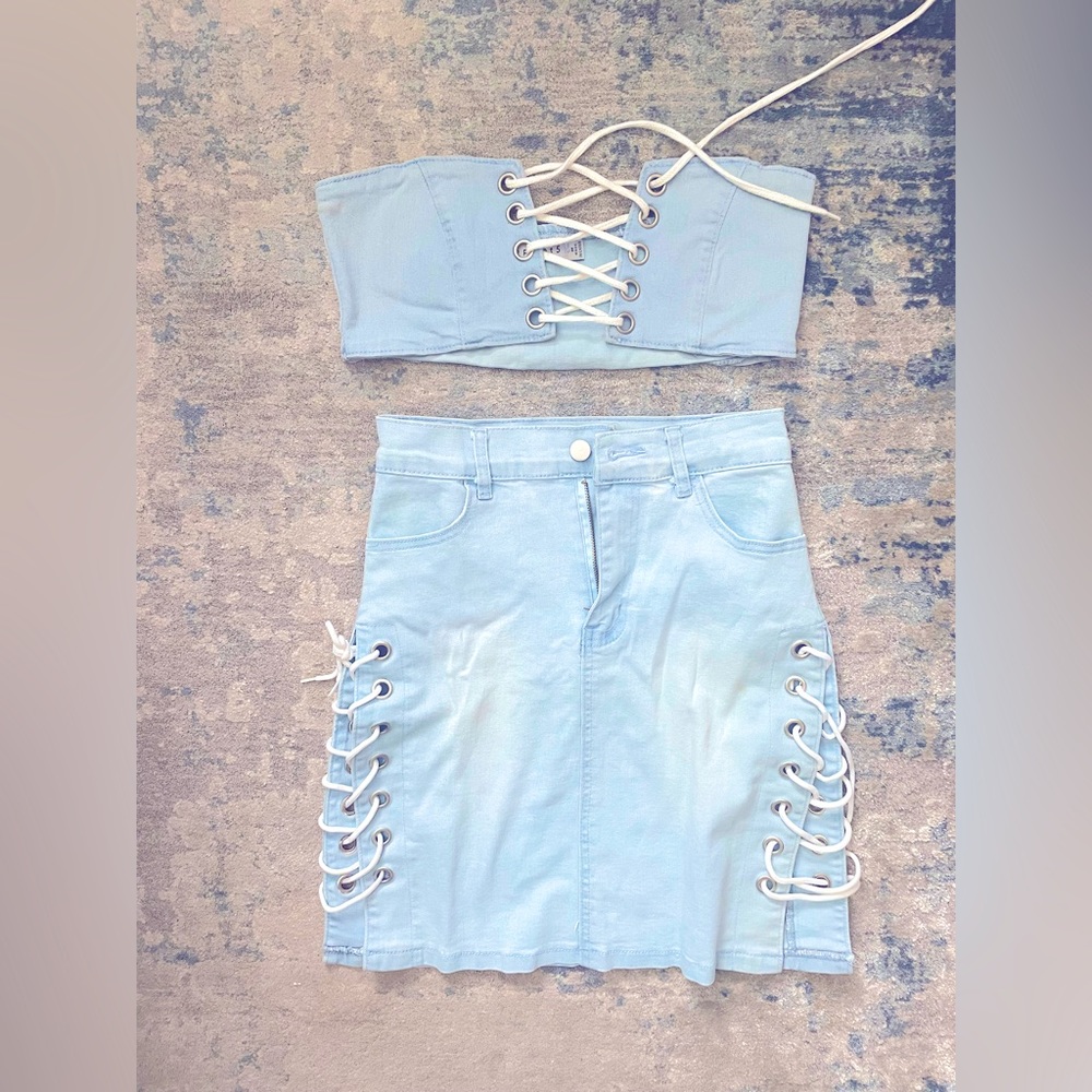 36 Point 5 “Britney & Justin” denim lace up co-ord set (top & skirt)